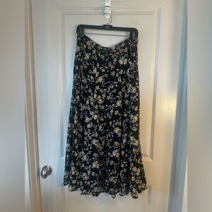 Vintage Y2K Express Floral Button Up Black & Cream Boho Maxi Skirt, Large